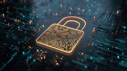 digital fingerprint merging with padlock icon over circuit board identity safeguarding visual illustration concept scene visual for commercial design use high detail quality stock image illustration