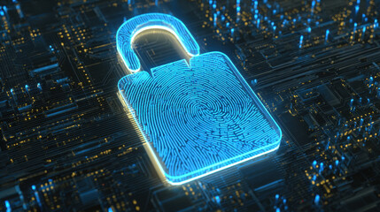 digital fingerprint merging with padlock icon over circuit board identity safeguarding visual illustration concept scene visual for commercial design use high detail quality stock image illustration