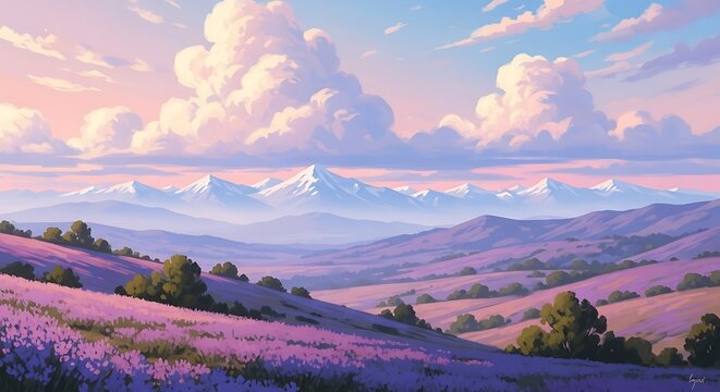 Lavender Fields and Mountains Under a Cloudy Sky.