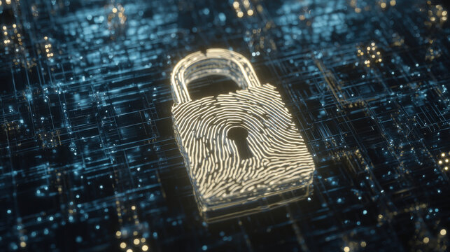 digital fingerprint merging with padlock icon over circuit board identity safeguarding visual illustration concept scene visual for commercial design use high detail quality stock image illustration - Powered by Adobe