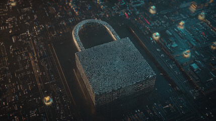 digital fingerprint merging with padlock icon over circuit board identity safeguarding visual illustration concept scene visual for commercial design use high detail quality stock image illustration
