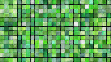 Fototapeta premium Vibrant green mosaic pattern featuring various shades of green tiles arranged in grid. This artwork evokes sense of nature and tranquility, perfect for backgrounds or design elements