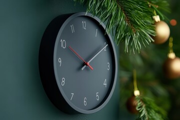 Black wall clock adorned with festive decorations for New Year celebration