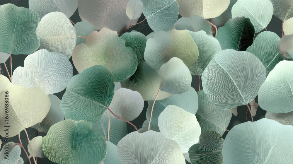 Poster delicate green leaves create soothing and serene pattern, showcasing intricate lines and soft colors