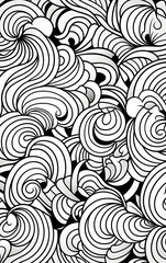 Easy doodle coloring book page for kids, geometric and paisley elements arranged around two stylized flowers. Clear outlines, simple curves, large spaces to fill