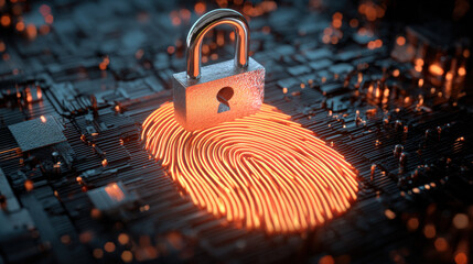 digital fingerprint merging with padlock icon over circuit board identity safeguarding visual illustration concept scene visual for commercial design use high detail quality stock image illustration