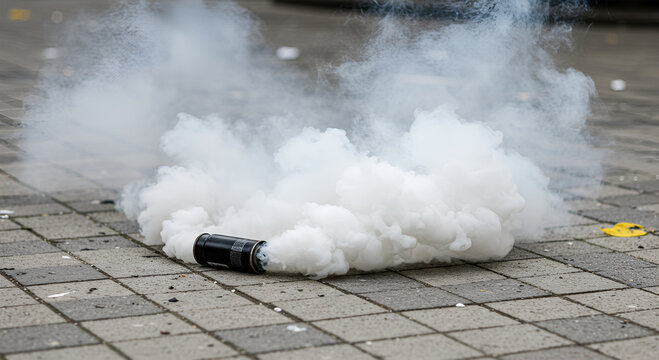 A smoke grenade on a paved surface, releasing a large cloud of white smoke.