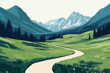 Scenic landscape featuring a winding trail through lush mountains and valleys