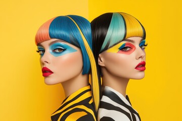 Bold graphic layouts featuring trendy hairstyles and makeup inspired by vibrant colors