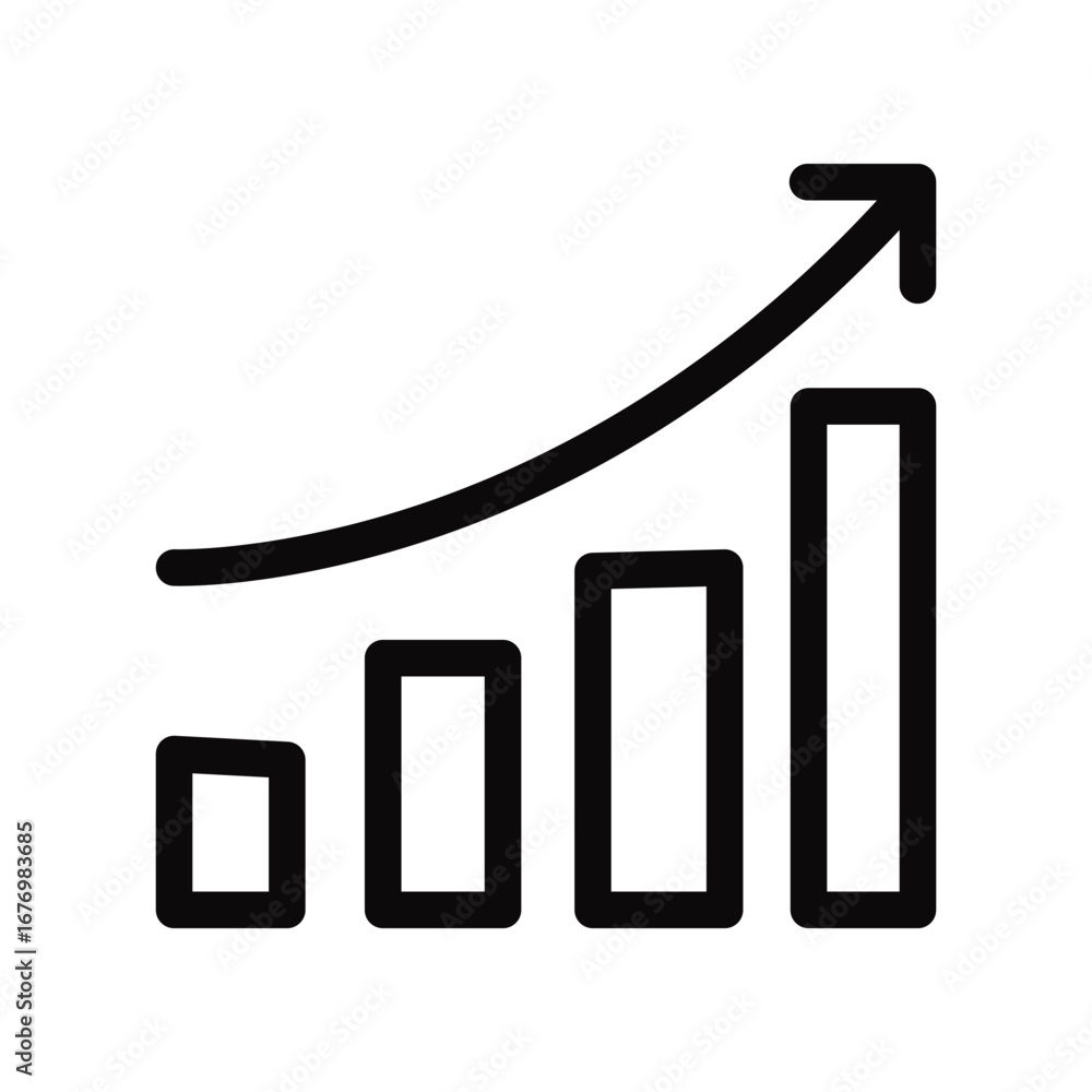 Fototapete black single arrow growing up chart graph bars line icon, success graph trending upwards flat design