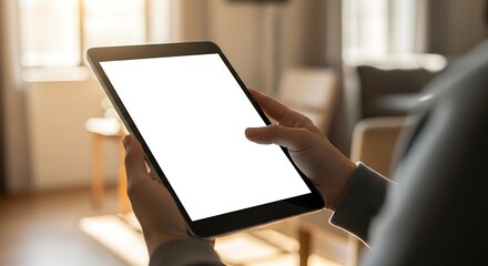 Person holding a tablet with a blank screen indoors in soft focus natural light