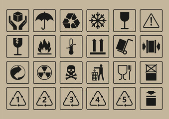 Fragile Packaging Warning Symbols Set, Cargo Handling Icons, Logistics Delivery Shipping Signs, Umbrella, Handle With Care, Glass, This Side Up, Transport Safety Labels