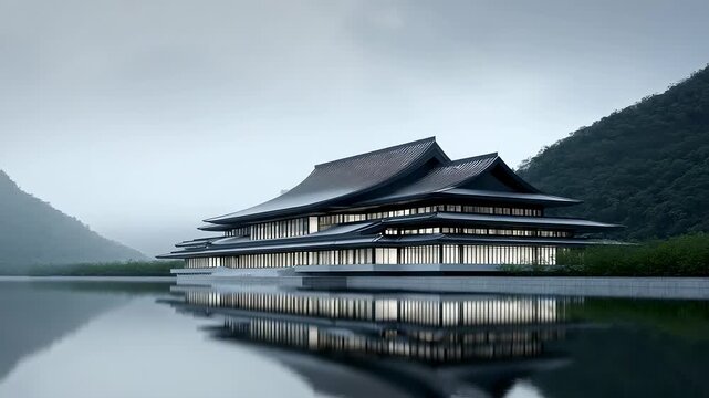 Tranquil Lakeside Chinese Architecture Water and Sky