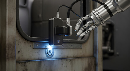 Robotic Arm Interacting with Futuristic Technology Illuminating a Circuitry System