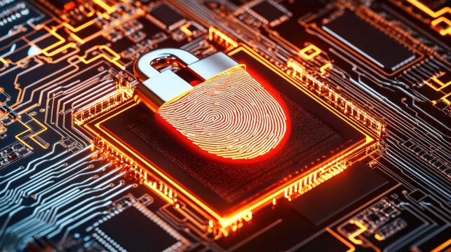 digital fingerprint merging with padlock icon over circuit board identity safeguarding visual illustration concept scene visual for commercial design use high detail quality stock image illustration - Powered by Adobe