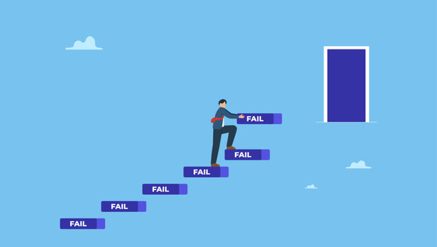 Strive businessman build stair to success with his failure. Improve from failure build up stair to success, challenge and ambition to never give up, learn to fail as path to achieve goal.