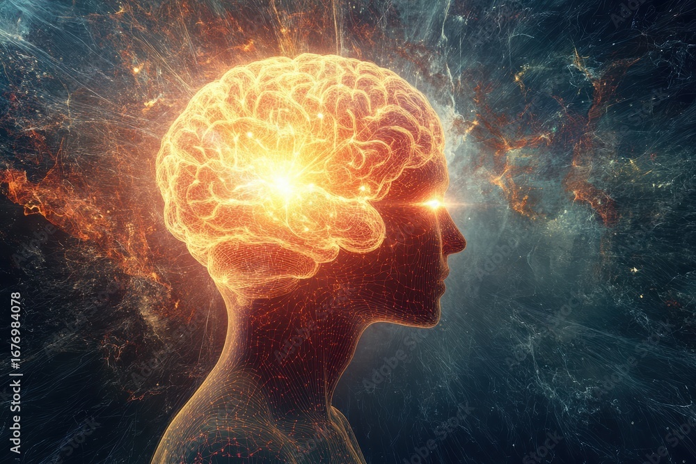 Aufkleber intricate matrix-style brain design with pulsating light effects in a cosmic background