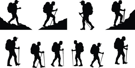 Obraz premium Silhouettes of hikers with backpacks and trekking poles climbing rocky mountain terrain, outdoor adventure, nature exploration, active lifestyle