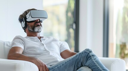 Man wearing VR headset while sitting on modern sofa, white clean background, natural daylight, futuristic lifestyle scene, commercial stock style.