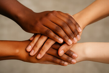Close-up of diverse human hands of different skin tones holding together as a symbol of unity, equality, and inclusion. Concept of diversity, teamwork, human rights, and mutual support.