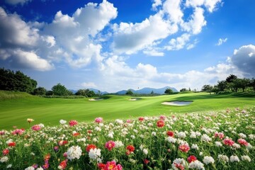 Vibrant flowers blooming on a sunny golf course with a scenic backdrop of rolling hills