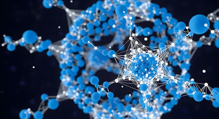 Abstract molecular structure network with glowing connections and blue spheres on dark background representing science and technology innovation