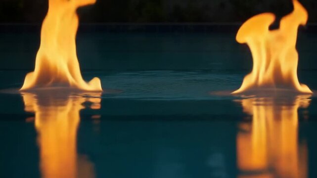 A fire is reflected in the water of a pool of water