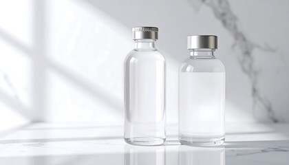 A pair of transparent glass vials for medicine or beauty serum, elegantly displayed on white marble with soft window light and shadows
