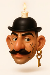 Quirky cartoon digital portrait of man with mustache and hat, humorous stylized modern illustration style.