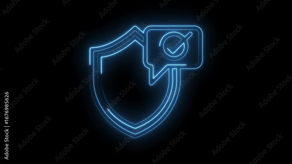 Poster neon style shield with tick in message bubble animated on black background