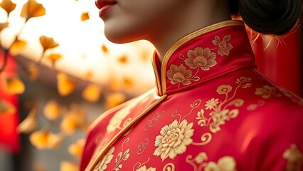 Golden chrysanthemum embroidery on ruby-red qipao, celebrating tradition in golden light.