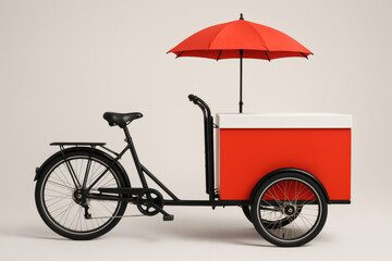 Red tricycle street food cart with umbrella, minimalist urban design concept for mobile vending and lifestyle.