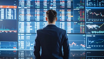 Analyzing complex market data, financial expert navigates information overload to make strategic