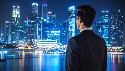 Business leader contemplates urban development and expansion into new territories at night