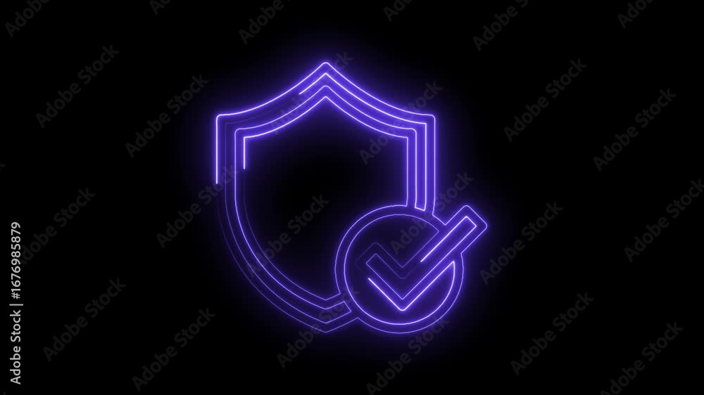 Poster security shield protection with check mark neon glow animated on dark background