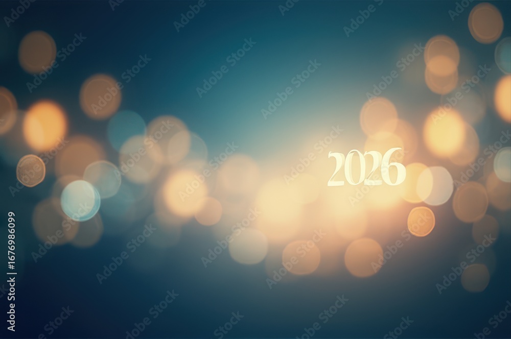 Aufkleber blurred golden lights creating festive atmosphere with number 2026 prominently displayed. new year c