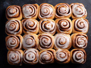 Fototapeta premium Sweet buns with cinnamon and whipped cream top view