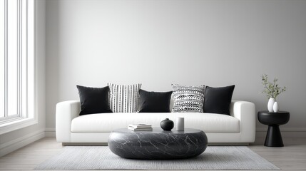 Black and white lounge with marble coffee table and white sofa