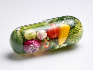 zucchini, pepper, tomato, cucumber, cabbage, onion inside transparent capsule-tablet, on white background. health concept