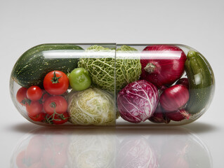 zucchini, pepper, tomato, cucumber, cabbage, onion inside a transparent capsule tablet, on a white background,