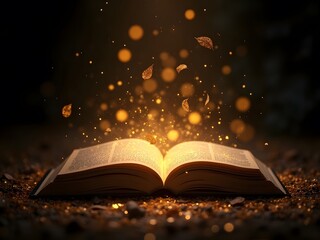 An enchanting open book rests on the ground, emitting a magical golden glow with sparkling particles and floating leaves.