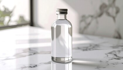 Clean glass bottle with clear liquid on marble, reflecting natural light, evokes purity, simplicity, and modern elegance for various product concepts