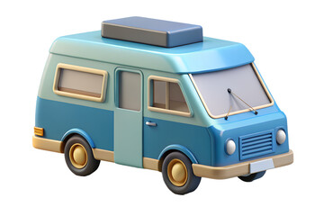 Realistic 3D render of modern camper van parked in scenic outdoor environment.