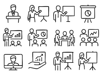 Presentation and Meeting Icons, Isolated Background. Line Design Representing Education and Business Explanation, Multipurpose Graphic Elements for Lectures, Classes, and Teamwork