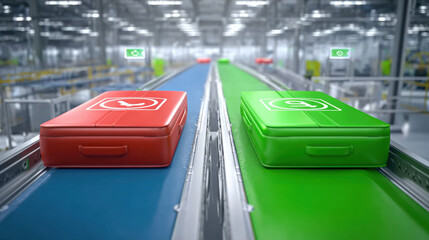 dual conveyor belts showing accepted vs rejected luggage iconography informational style no words illustration concept scene visual for commercial design use high detail quality stock image