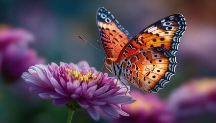 Obraz premium Colorful butterfly on a vibrant purple flower, garden setting