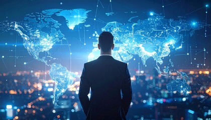 Global connectivity perspective with businessman facing a futuristic world map overlay