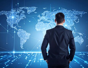 Global connectivity vision: A businessman contemplating the digital world map and business