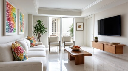 Modern home interior with accent wall and stylish media console
