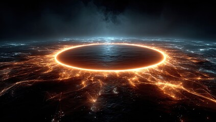 Circular energy ring over futuristic city landscape